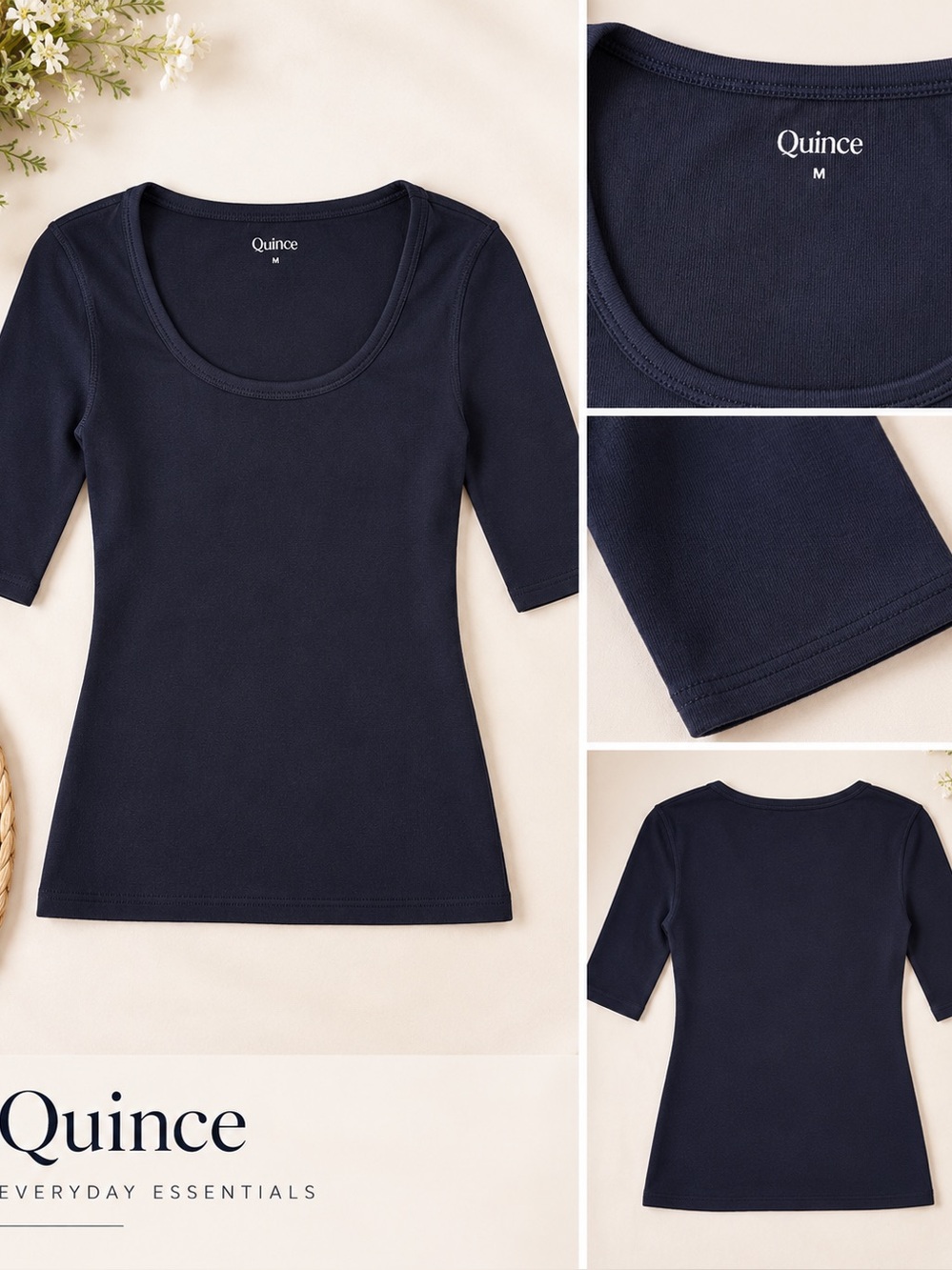 Quince Navy Ribbed Scoop Neck Elbow Sleeve Fitted Top Size Medium